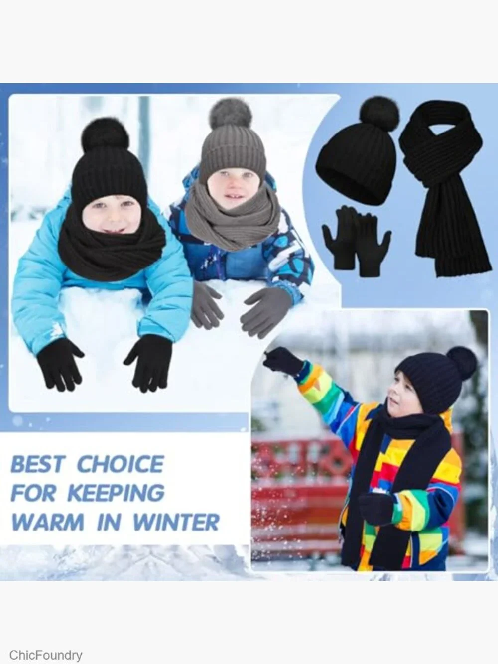 Kids Knit Beanie Hat Gloves Scarf Set Winter Warm Unisex